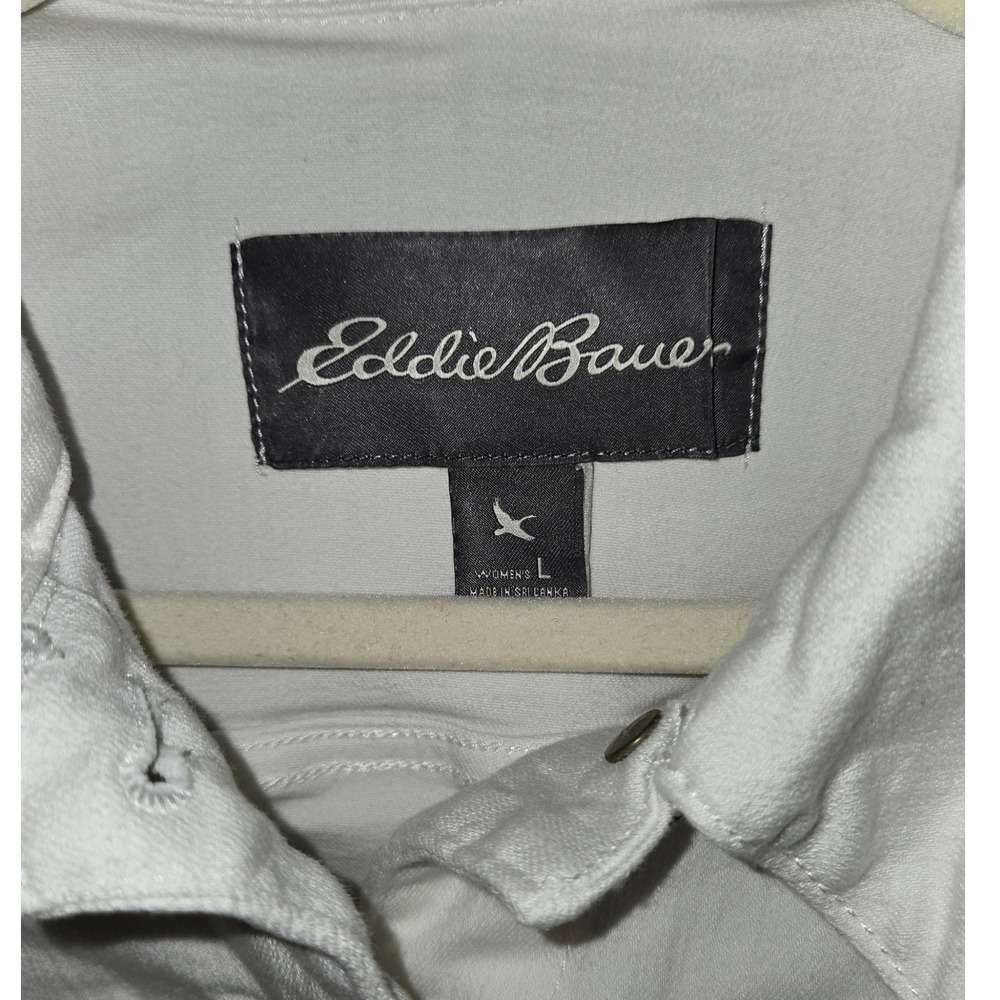 Eddie Bauer Womens White Denim Trucker Jacket Size L Cotton Blend Stretch - Picture 3 of 8